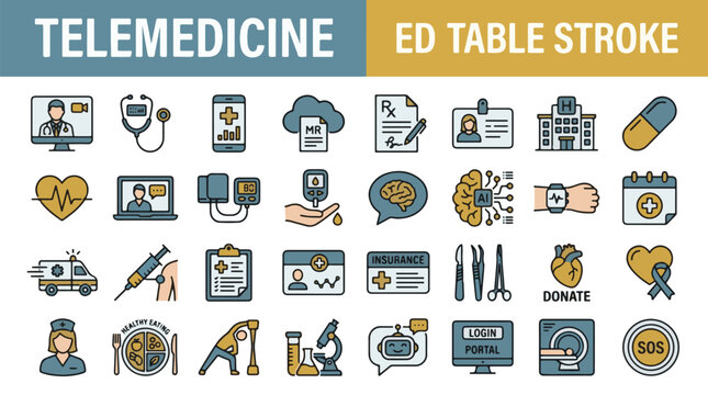 Telemedicine concept with doctor and patient on screen with stethoscope and medical symbols around