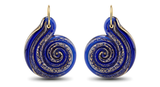 Stunning pair of cobalt blue spiral drop earrings featuring intricate gold-flecked swirl patterns that resemble a nautilus shell or an oceanic wave.