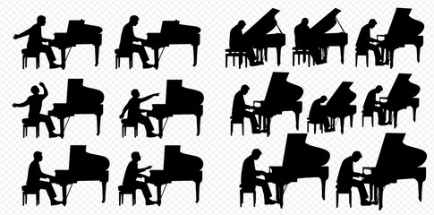 Collection of various silhouettes of a person playing a grand piano in different poses and angles, depicting musical performance and artistry. © Adji