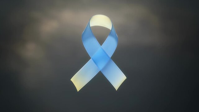 Translucent blue and yellow awareness ribbon forming on a dark atmospheric background, symbolizing support, solidarity, and hope for Ukraine or Down syndrome awareness.