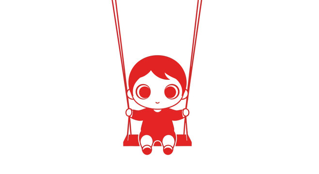 Minimalist charming illustration of a red figure child on a swing enjoying playtime joyfully