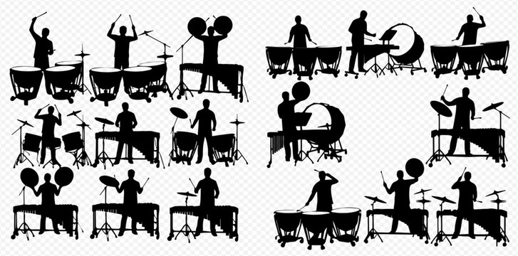 Set of drummer silhouettes playing various percussion instruments, including timpani, drum kit, and cymbals, performing music.