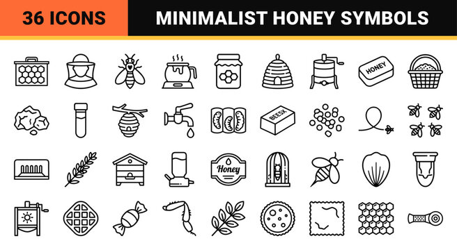 Beekeeping and Honey Production Minimalist Monoline Icon Set featuring Geometric Outline Symbols for Apiary, Natural Sweeteners, and Horticulture.