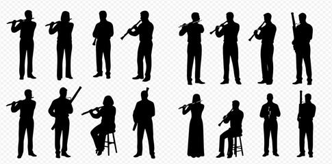 Collection of black silhouettes of musicians playing various wind and string instruments, isolated on a transparent background. © Adji