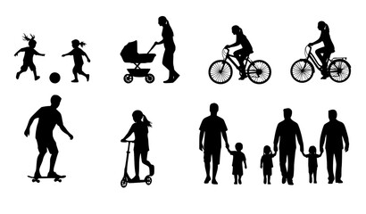 Outdoor family activities silhouettes vector children playing cycling lifestyle set © MdMiraz
