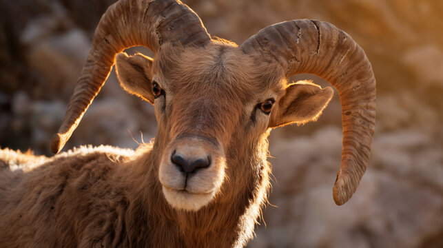 Barbary sheep with large curved horns in golden hour sunlight