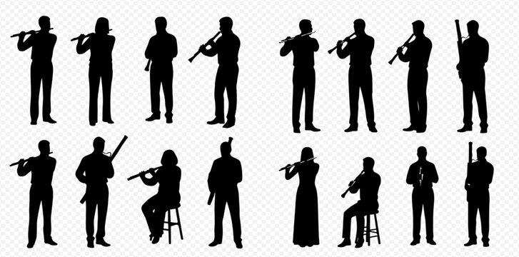 Collection of black silhouettes of musicians playing various wind and string instruments, isolated on a transparent background.