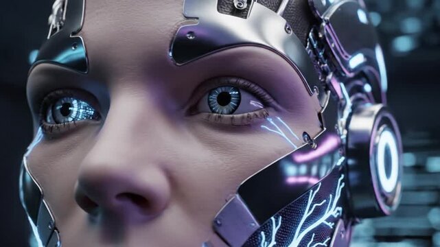 Close-up of a futuristic robotic woman's face with glowing circuitry and metallic components in a neon-lit laboratory setting, possibly used for technology or innovation advertising