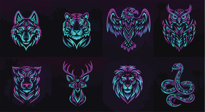 Tribal animal spirit vector bundle, 9 animals in neon retro style (wolf, tiger, eagle, owl, panther, fox, deer, lion, snake), glowing gradients (cyan, magenta, purple), dark background, vaporwave aest