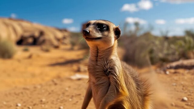 Curious alert meerkat standing on sunlit desert sand with rocks scrub rocky outcrop and blue sky