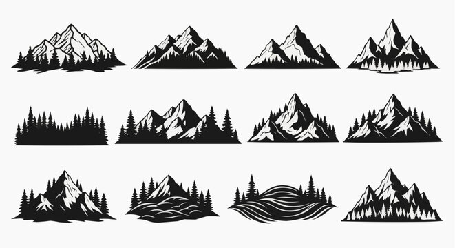 Collection of twelve artistic black and white mountain range illustrations with pine tree forests