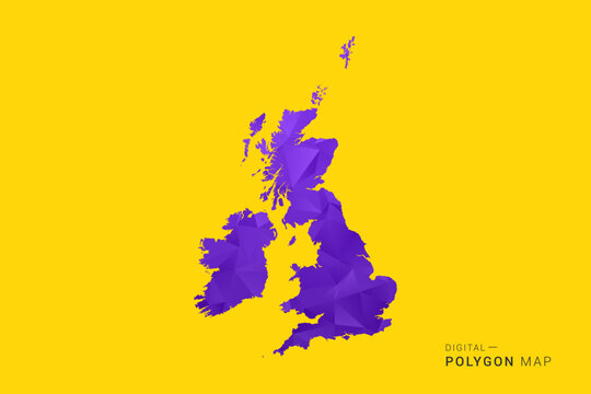 United Kingdom Map - Low poly polygon map in vibrant purple gradient on bold yellow background, modern minimal geometric style, clean digital vector illustration.