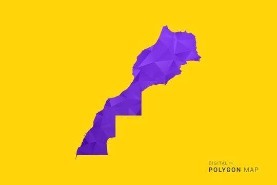 Morocco Map - Low poly polygon map in vibrant purple gradient on bold yellow background, modern minimal geometric style, clean digital vector illustration.