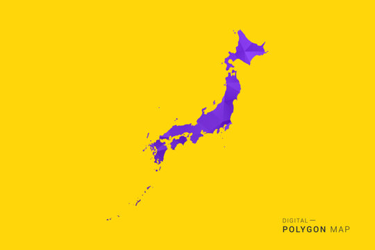 Japan Map - Low poly polygon map in vibrant purple gradient on bold yellow background, modern minimal geometric style, clean digital vector illustration.