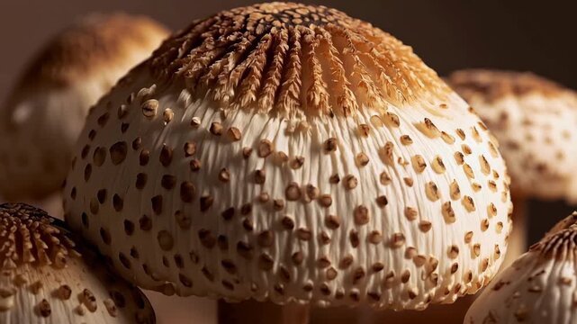 Parasol mushroom cap textured brown scales and soft warm lighting earthy fungi scene with detailed