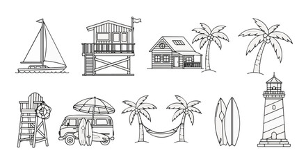 Fototapeta premium Illustrated seaside scene featuring a sailboat, beachfront houses, lifeguard towers, palm trees, surfboards and lighthouse in a monochromatic aesthetic.