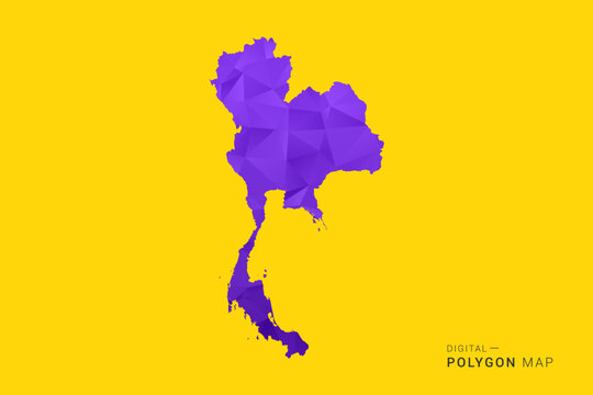 Thailand Map - Low poly polygon map in vibrant purple gradient on bold yellow background, modern minimal geometric style, clean digital vector illustration.