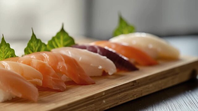 Fresh salmon nigiri sushi with sashimi and seasoned rice on wooden board seafood assortment