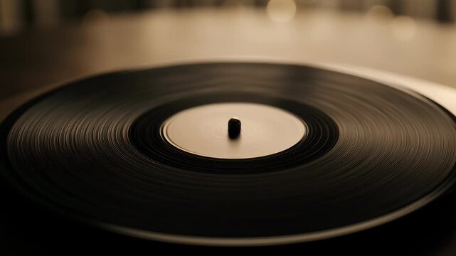 Close-up of a black vinyl record spinning on a vintage turntable with warm ambient lighting and a soft bokeh background, capturing the nostalgic essence of analog music playback.