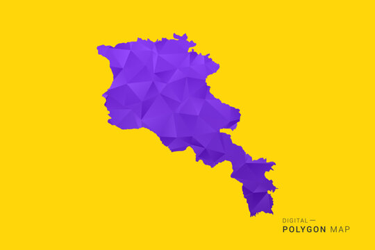 Armenia Map - Low poly polygon map in vibrant purple gradient on bold yellow background, modern minimal geometric style, clean digital vector illustration.