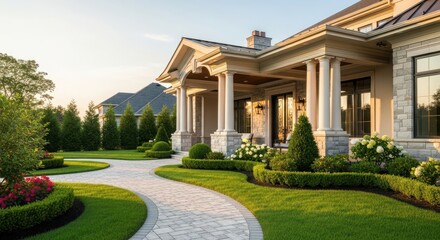 Obraz premium Luxury Mansion Entrance with Elegant Landscaping and Modern Architecture
