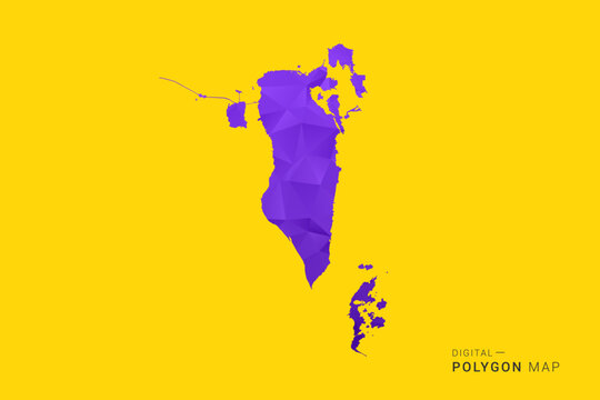 Bahrain Map - Low poly polygon map in vibrant purple gradient on bold yellow background, modern minimal geometric style, clean digital vector illustration.
