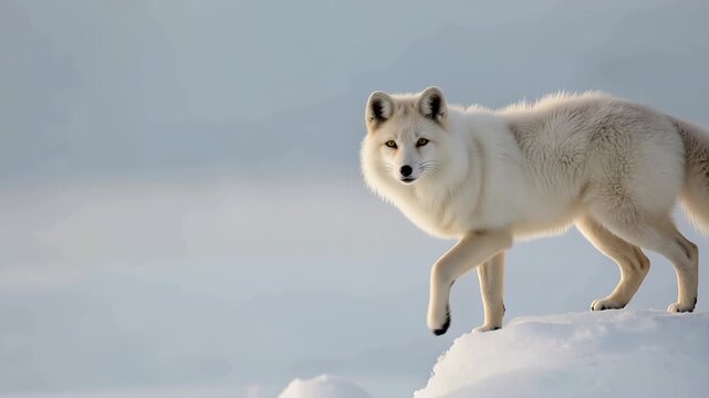 Arctic fox walking and standing snowbank soft winter light, serene tundra animal fox with calm
