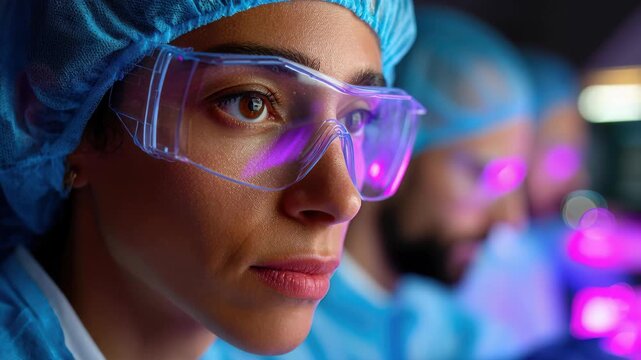 Focused and Determined: A team of medical professionals, clad in surgical attire and protective eyewear, gazes with focused determination.