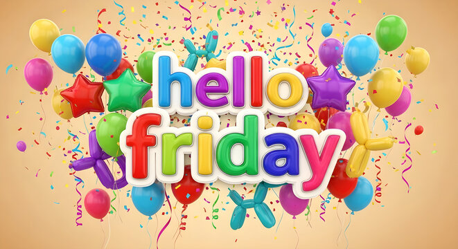 Colorful balloons and confetti with hello friday text on orange background