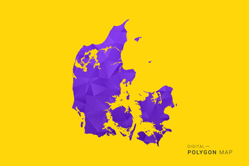 Obraz premium Denmark Map - Low poly polygon map in vibrant purple gradient on bold yellow background, modern minimal geometric style, clean digital vector illustration.