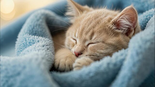 Cozy Kitten's Slumber: A serene scene of an adorable kitten, nestled in a soft, light blue blanket, lost in a peaceful sleep, epitomizing comfort and tranquility.
