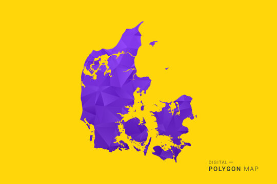 Denmark Map - Low poly polygon map in vibrant purple gradient on bold yellow background, modern minimal geometric style, clean digital vector illustration.