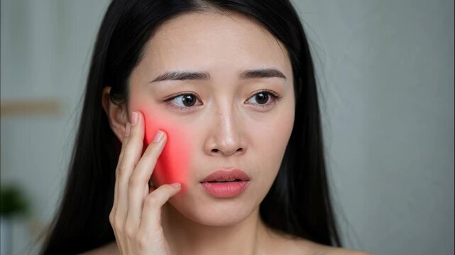 Facial Discomfort: A portrait of a woman, her face expressing the silent struggle of physical pain, a palpable sense of unease etching across her features, as she gently touches her cheek.