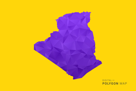 Algeria Map - Low poly polygon map in vibrant purple gradient on bold yellow background, modern minimal geometric style, clean digital vector illustration.