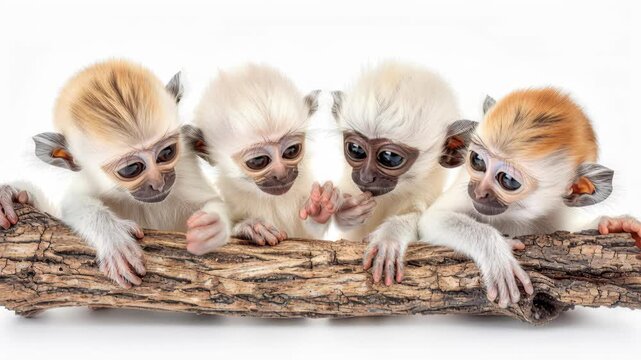 Curious Monkey Crew on Log: A quartet of adorable monkeys with unique pale fur, perched on a weathered log, gaze intently, showcasing their playful curiosity and the beauty of animal interaction.