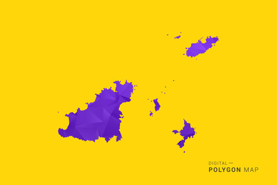 Guernsey Map - Low poly polygon map in vibrant purple gradient on bold yellow background, modern minimal geometric style, clean digital vector illustration.
