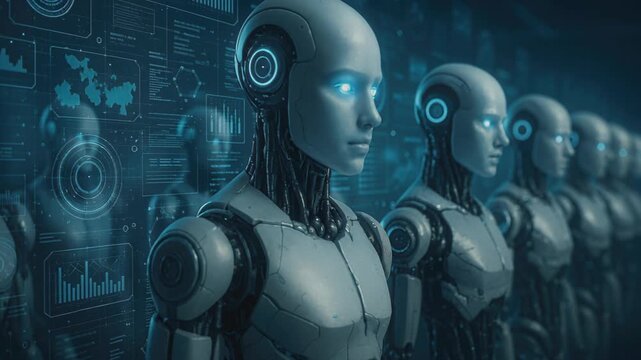 Future Sentinels: A futuristic tableau of sleek robots in formation, their glowing eyes reflecting the promise and potential of artificial intelligence and advanced technology. 