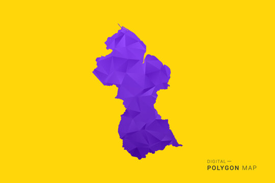 Guyana Map - Low poly polygon map in vibrant purple gradient on bold yellow background, modern minimal geometric style, clean digital vector illustration.