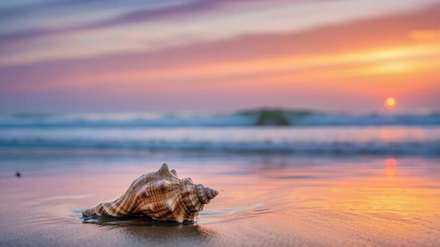 Coastal Calm: A detailed close-up of a conch shell rests gracefully on the shore, bathed in the soft glow of a breathtaking sunset over the tranquil ocean, evoking a sense of serenity.