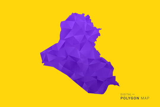 Iraq Map - Low poly polygon map in vibrant purple gradient on bold yellow background, modern minimal geometric style, clean digital vector illustration.