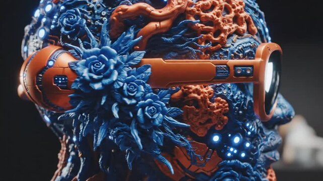 Abstract futuristic bust with glowing blue patterns wearing orange sunglasses