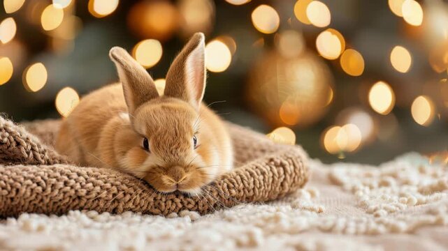 Bunny Cozy in Festive Radiance: A charming bunny nestles in a warm knitted blanket, illuminated by the soft glow of festive lights and ornaments, creating a serene and joyful scene.