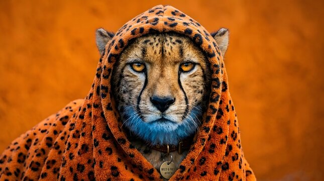 A cheetah wearing an orange leopard-print hoodie with blue fur on its chin, set against a vibrant orange background.