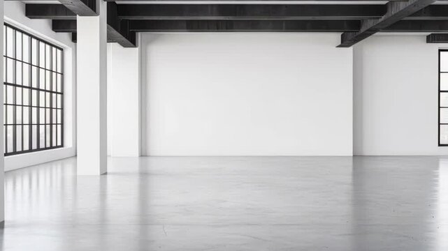 Minimalist Industrial Interior: Clean lines and geometric precision define a spacious interior, where large windows illuminate the scene with natural light. The raw.