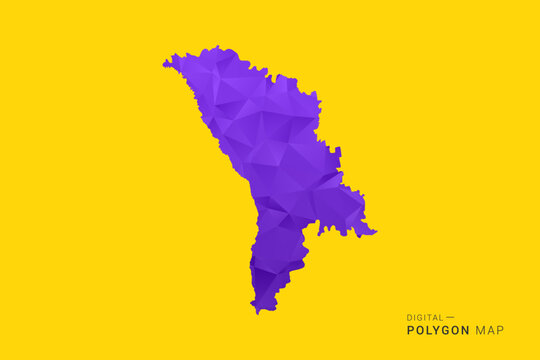 Moldova Map - Low poly polygon map in vibrant purple gradient on bold yellow background, modern minimal geometric style, clean digital vector illustration.