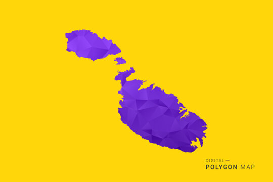 Malta Map - Low poly polygon map in vibrant purple gradient on bold yellow background, modern minimal geometric style, clean digital vector illustration.