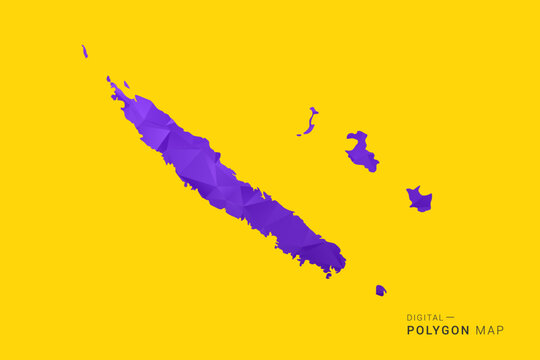 New Caledonia Map - Low poly polygon map in vibrant purple gradient on bold yellow background, modern minimal geometric style, clean digital vector illustration.