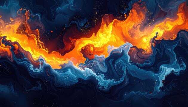 Abstract representation of fire and water clashing in a cosmic dance.