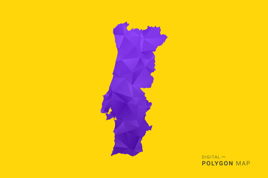 Portugal Map - Low poly polygon map in vibrant purple gradient on bold yellow background, modern minimal geometric style, clean digital vector illustration.