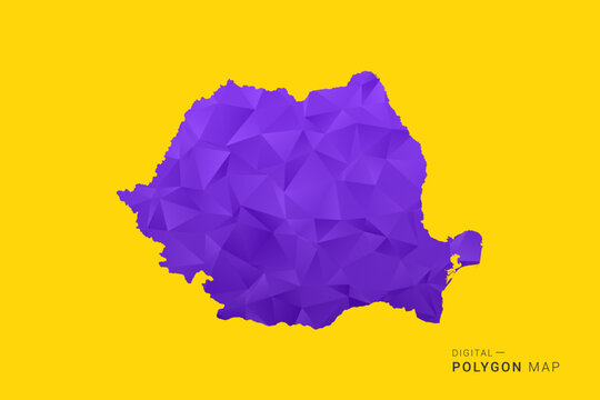 Romania Map - Low poly polygon map in vibrant purple gradient on bold yellow background, modern minimal geometric style, clean digital vector illustration.